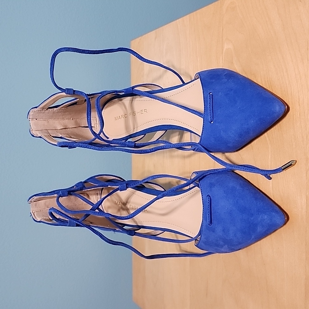 MARC FISHER Truthe Blue Suede Lace-up Stiletto Heels, Size 7.5M